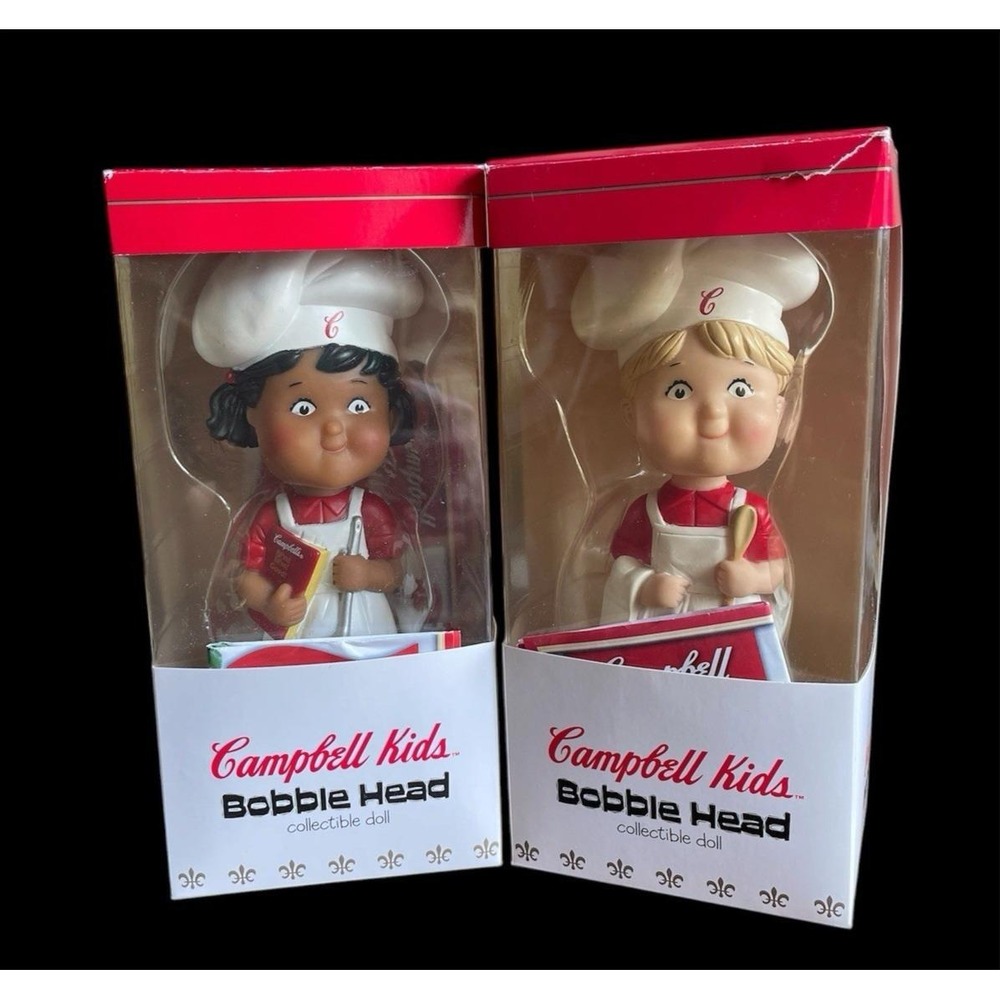 Vtg Campbell Kids Chef Bobble Heads Dolls Set of 2 New in Box‎ Year 2002